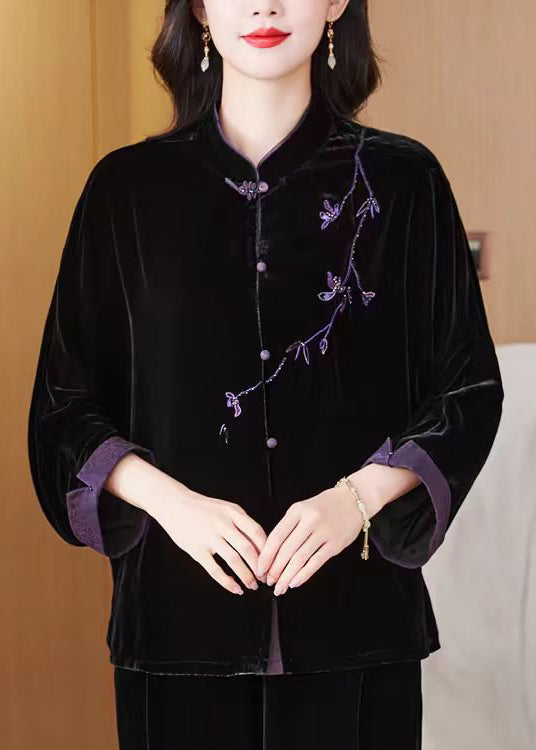 New Black Embroidered Button Silk Velvet Coat Fall QO058 MZF-CTS241008