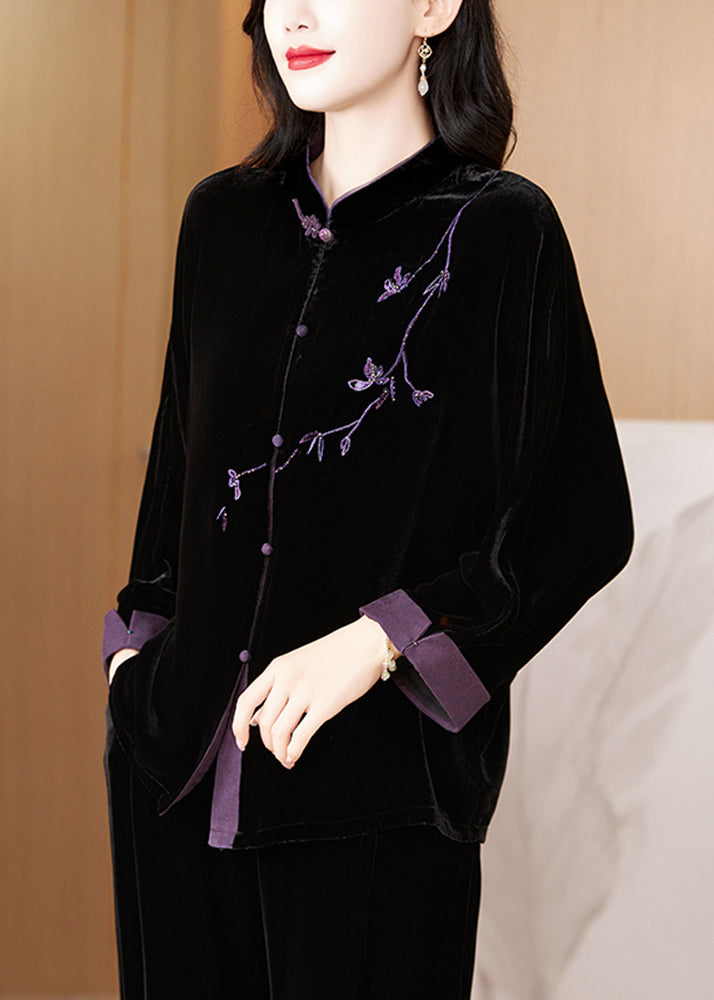 New Black Embroidered Button Silk Velvet Coat Fall QO058 MZF-CTS241008