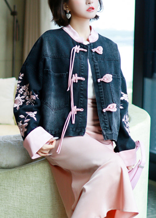 New Black Embroidered Chinese Button Denim Coat Spring Ada Fashion