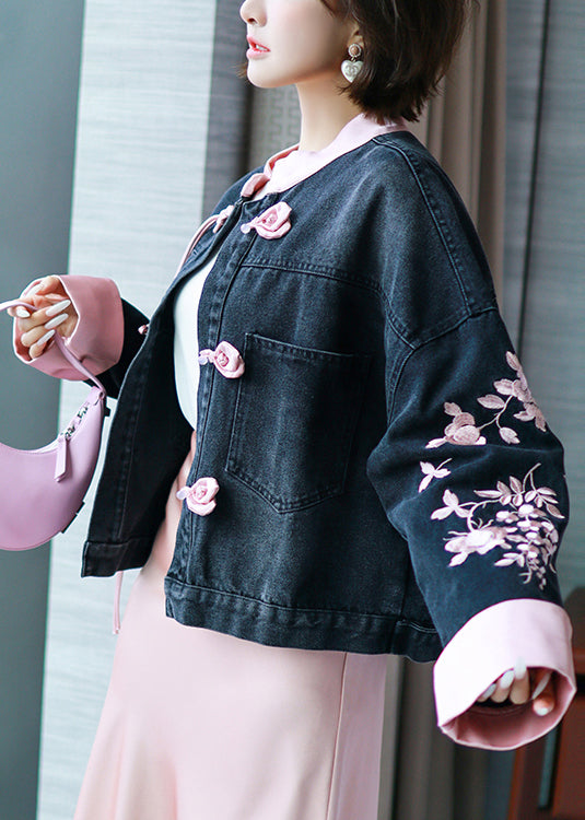 New Black Embroidered Chinese Button Denim Coat Spring Ada Fashion