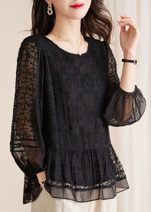 New Black Embroidered Hollow Out Lace Shirts Long Sleeve AU1061 MZF-240903