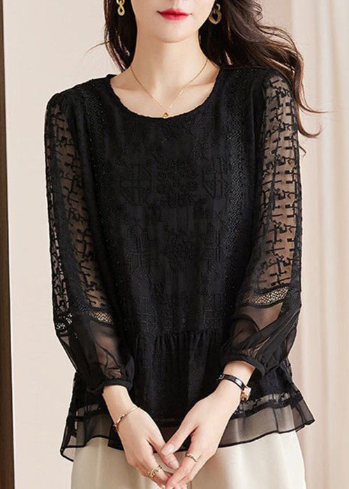 New Black Embroidered Hollow Out Lace Shirts Long Sleeve AU1061 MZF-240903