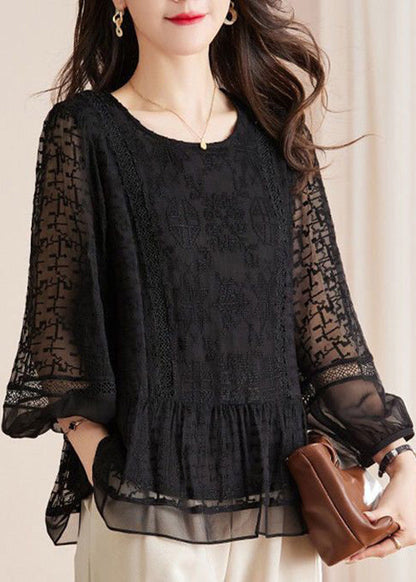 New Black Embroidered Hollow Out Lace Shirts Long Sleeve AU1061 MZF-240903