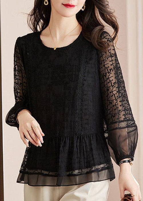 New Black Embroidered Hollow Out Lace Shirts Long Sleeve AU1061 MZF-240903
