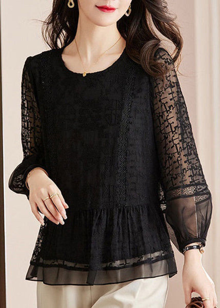 New Black Embroidered Hollow Out Lace Shirts Long Sleeve AU1061 MZF-240903