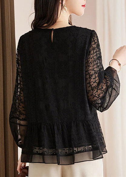 New Black Embroidered Hollow Out Lace Shirts Long Sleeve AU1061 MZF-240903