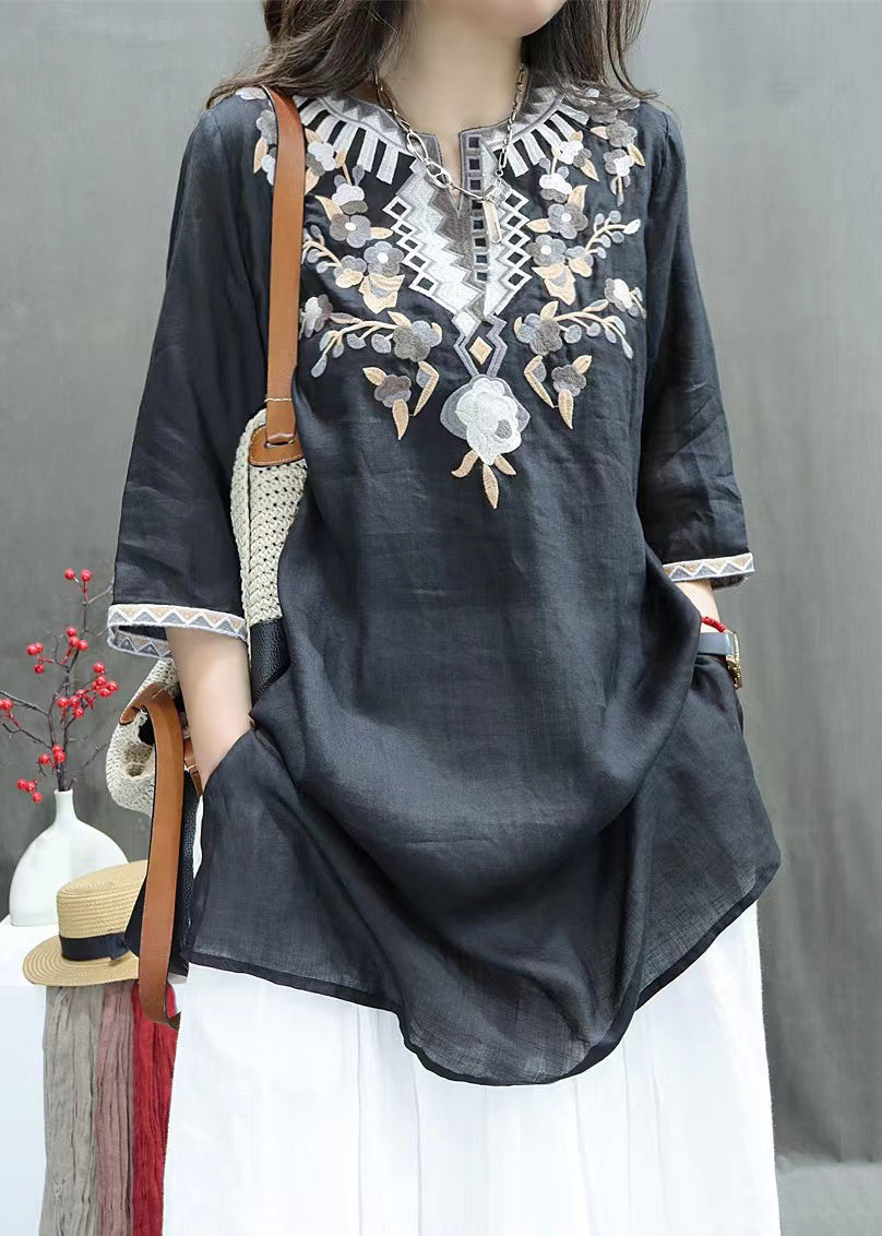 Embroidered New Linen Black Shirts Side Sleeve Open Half FashionChic