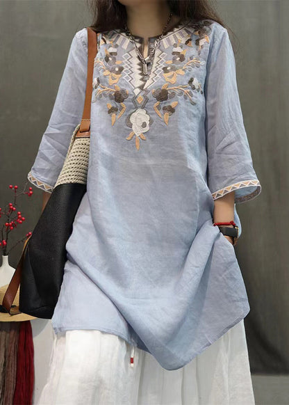 Embroidered New Linen Black Shirts Side Sleeve Open Half FashionChic