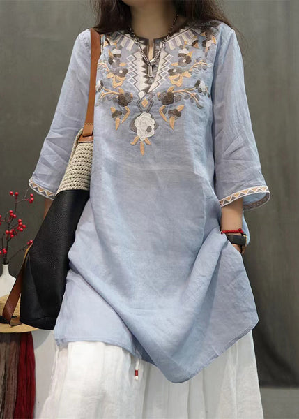 Embroidered New Linen Black Shirts Side Sleeve Open Half FashionChic