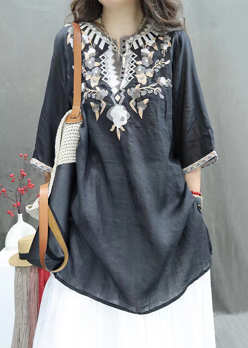 Embroidered New Linen Black Shirts Side Sleeve Open Half FashionChic