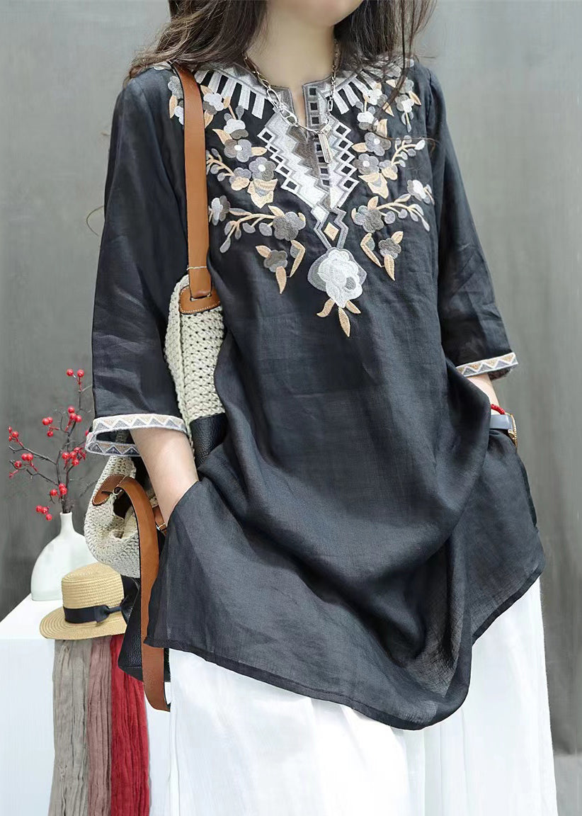 Embroidered New Linen Black Shirts Side Sleeve Open Half FashionChic