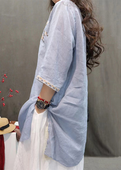 Embroidered New Linen Black Shirts Side Sleeve Open Half FashionChic