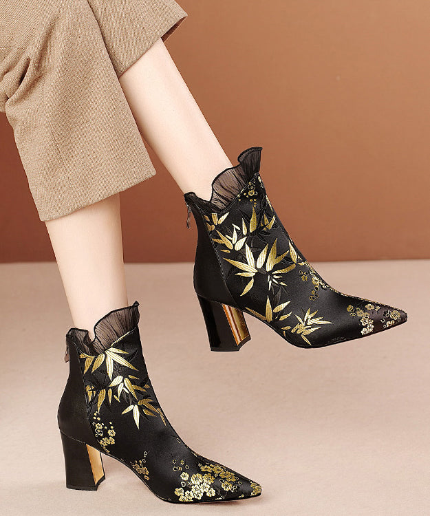 New Black Embroidered Silk Splicing Cowhide Leather Chunky Boots RT1081 Ada Fashion