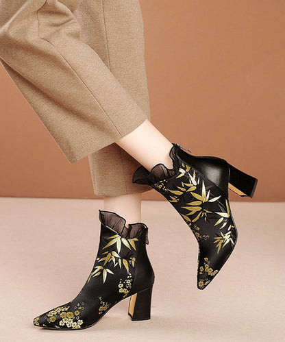 New Black Embroidered Silk Splicing Cowhide Leather Chunky Boots RT1081 Ada Fashion