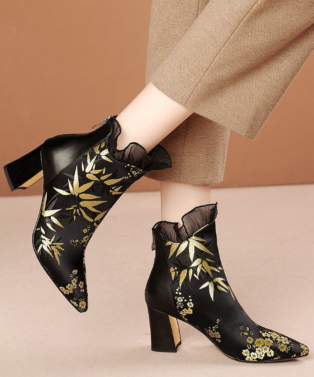 New Black Embroidered Silk Splicing Cowhide Leather Chunky Boots RT1081 Ada Fashion