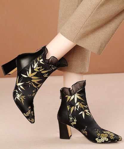 New Black Embroidered Silk Splicing Cowhide Leather Chunky Boots RT1081 Ada Fashion