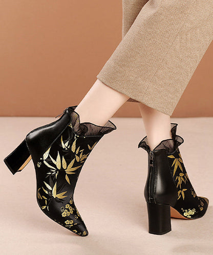 New Black Embroidered Silk Splicing Cowhide Leather Chunky Boots RT1081 Ada Fashion