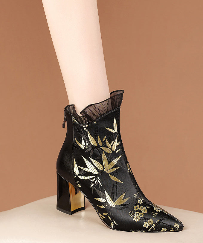 New Black Embroidered Silk Splicing Cowhide Leather Chunky Boots RT1081 Ada Fashion