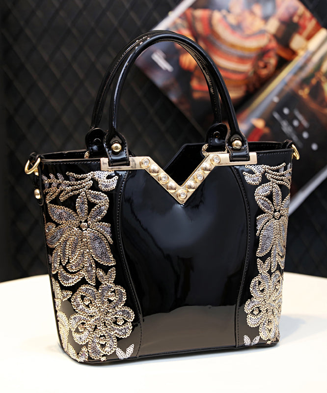 Handbag Zircon Embroidered New Black Leather Faux Tote FashionChic