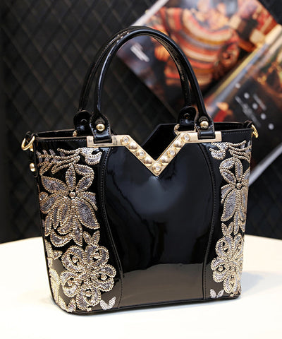 Handbag Zircon Embroidered New Black Leather Faux Tote FashionChic