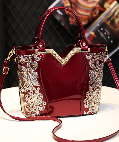 Handbag Zircon Embroidered New Black Leather Faux Tote FashionChic