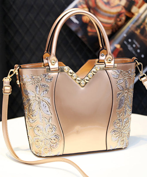 Handbag Zircon Embroidered New Black Leather Faux Tote FashionChic