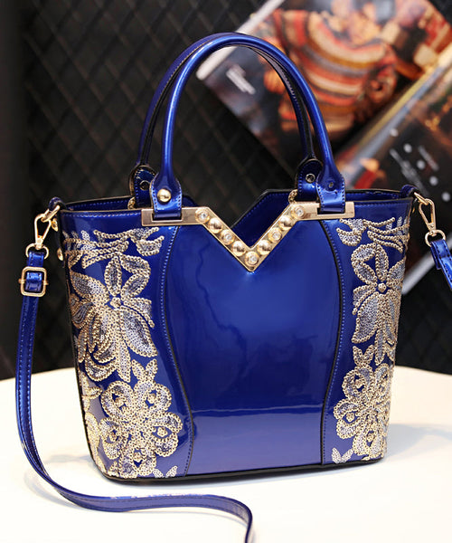 Handbag Zircon Embroidered New Black Leather Faux Tote FashionChic