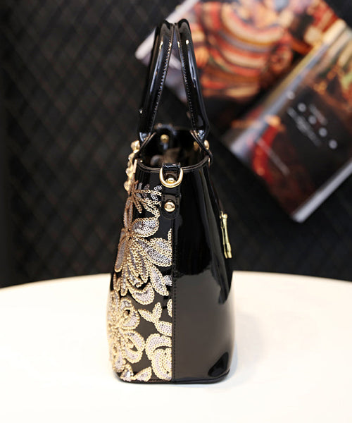 Handbag Zircon Embroidered New Black Leather Faux Tote FashionChic