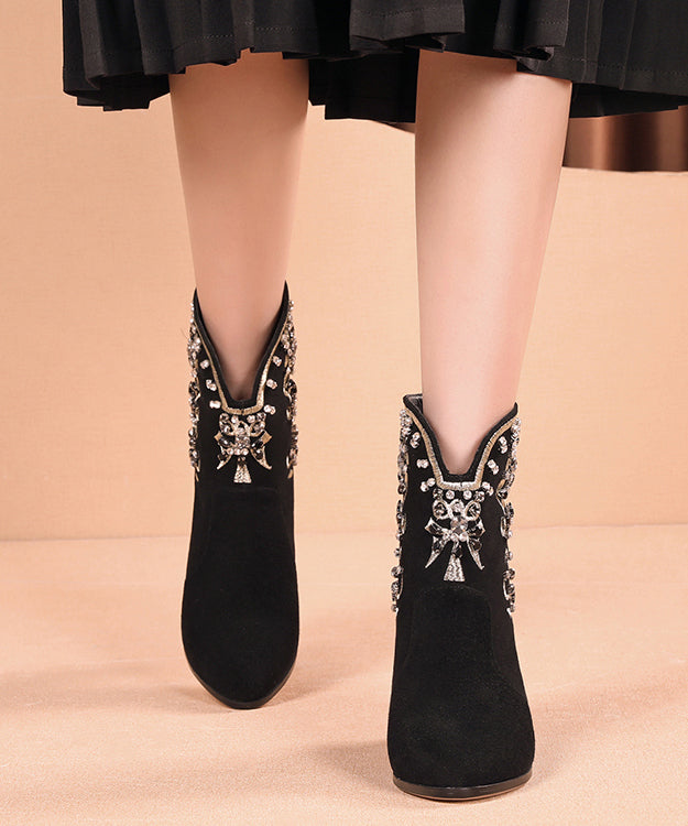 New Black Embroidered Zircon Splicing Suede Chunky Boots RT1083 Ada Fashion