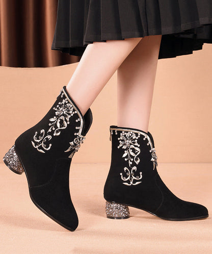 New Black Embroidered Zircon Splicing Suede Chunky Boots RT1083 Ada Fashion