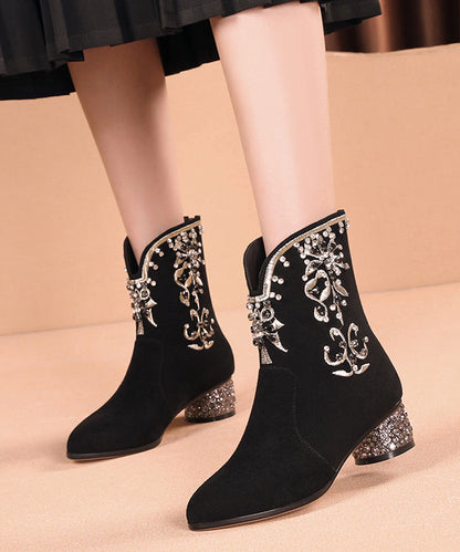 New Black Embroidered Zircon Splicing Suede Chunky Boots RT1083 Ada Fashion