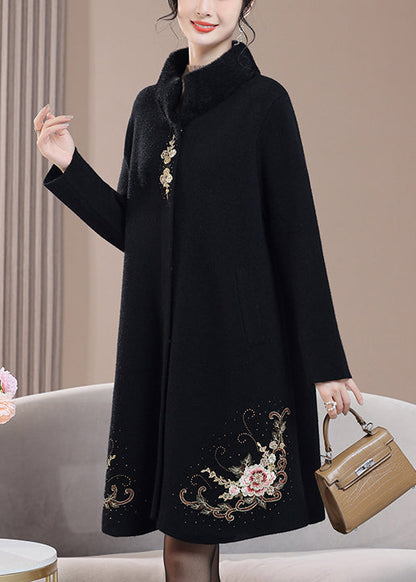 New Black Embroidered Zircon Wool Coats Spring RZ022 ABC
