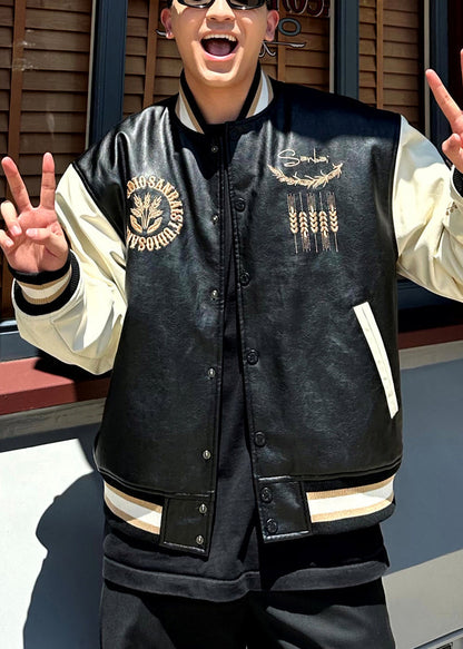 Patchwork Embroideried Spring Parkas Men TC011 New Leather Button Faux Black