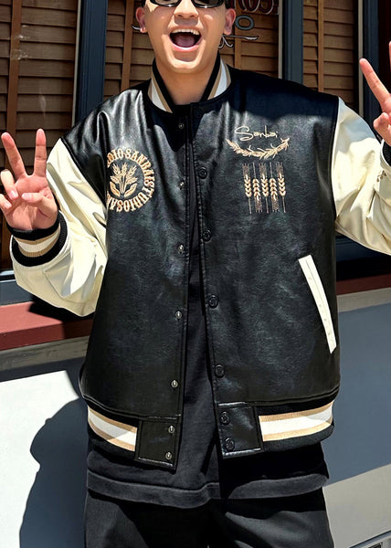 Patchwork Embroideried Spring Parkas Men TC011 New Leather Button Faux Black