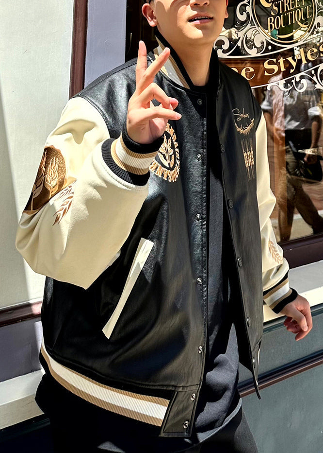 Patchwork Embroideried Spring Parkas Men TC011 New Leather Button Faux Black