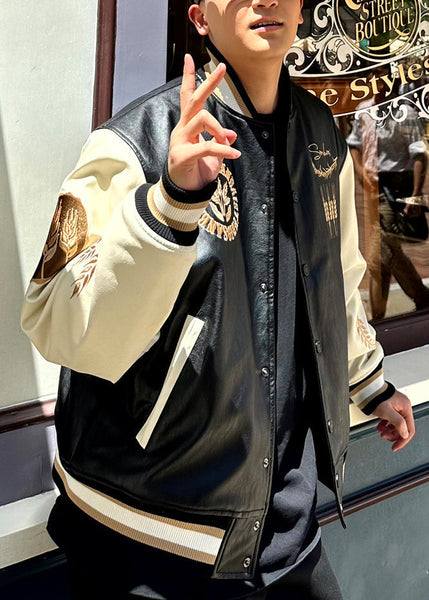 Patchwork Embroideried Spring Parkas Men TC011 New Leather Button Faux Black