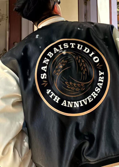 Patchwork Embroideried Spring Parkas Men TC011 New Leather Button Faux Black