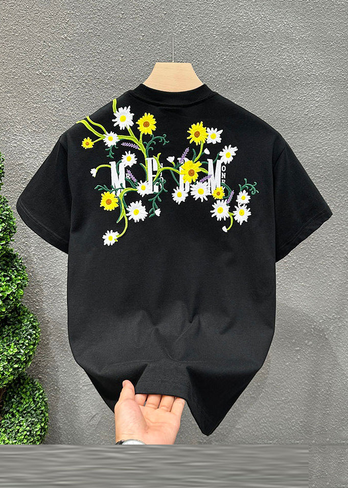 New Black Embroideried Cozy Cotton T Shirts Short Sleeve LK055 Men-Silk-MENT240630