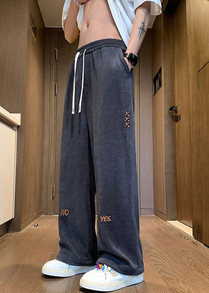 New Black Embroideried Elastic Waist Corduroy Men Wide Leg Pants Fall WA049 MENP241110