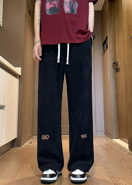 New Black Embroideried Elastic Waist Corduroy Men Wide Leg Pants Fall WA049 MENP241110