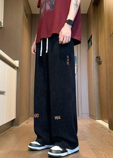 New Black Embroideried Elastic Waist Corduroy Men Wide Leg Pants Fall WA049 MENP241110