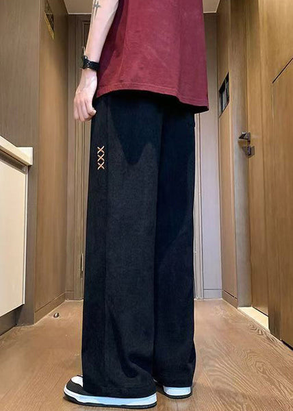 New Black Embroideried Elastic Waist Corduroy Men Wide Leg Pants Fall WA049 MENP241110