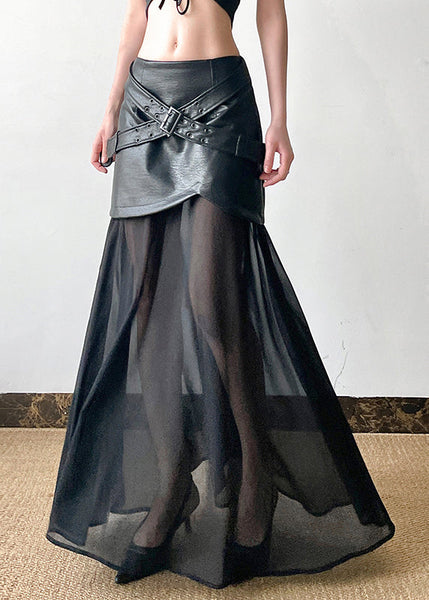 Summer Faux Skirt New Leather Black Tulle Waist High Patchwork FashionChic