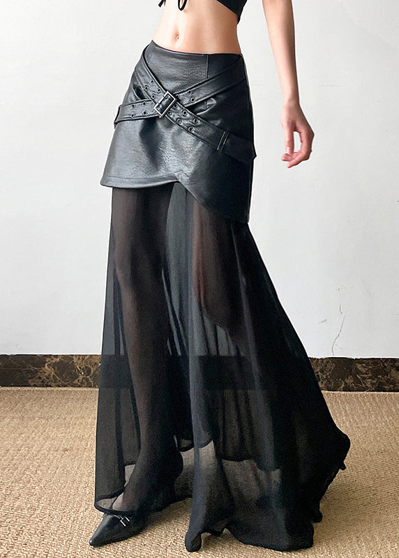 Summer Faux Skirt New Leather Black Tulle Waist High Patchwork FashionChic