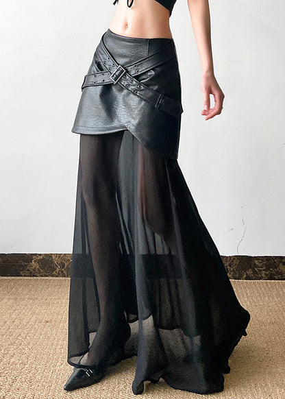 Summer Faux Skirt New Leather Black Tulle Waist High Patchwork FashionChic