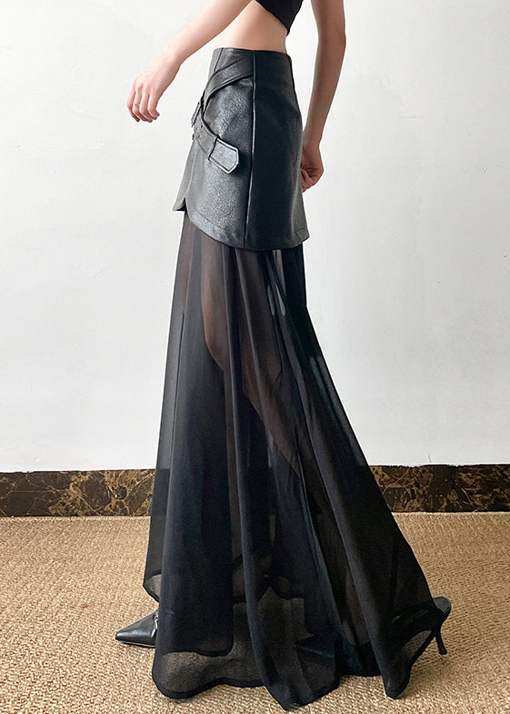 Summer Faux Skirt New Leather Black Tulle Waist High Patchwork FashionChic