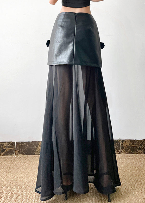 Summer Faux Skirt New Leather Black Tulle Waist High Patchwork FashionChic