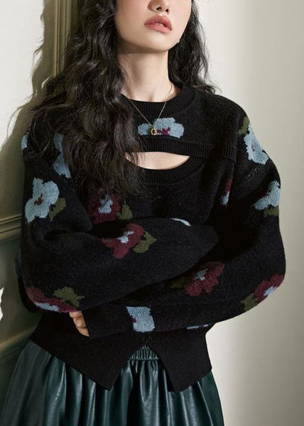 New Black Hollow Out Front Open Knit Sweater Winter WX001 ABC