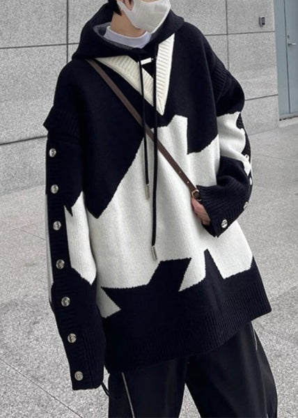 New Men Black Hooded Knit Sweaters Patchwork Cozy Spring FashionChic