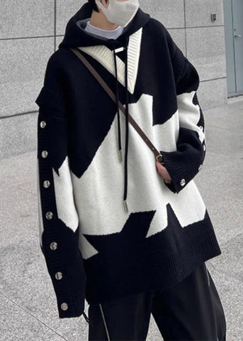 New Men Black Hooded Knit Sweaters Patchwork Cozy Spring FashionChic